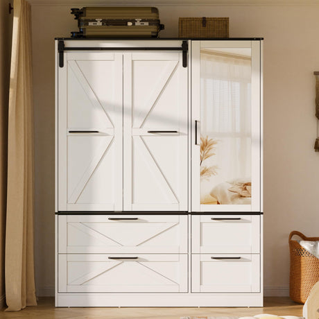 PAKASEPT Armoire Wardrobe Closet with w/Folding Sliding Barn Door, Bedroom Armoires with Mirror and Sensor Lights, Hanging Rod, Wardrobe Closet for Bedroom (19.69" D x 47.24" W x 72.83" H) PAKASEPT