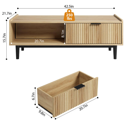 IDEALHOUSE Coffee Table Mid Century Modern Center Table with Drawer 42.5" Fluted Living Room Table with Storage Light Wood Cocktail Table with Open Shelf Rectangle Coffee Table Easy Assembly - WoodArtSupply