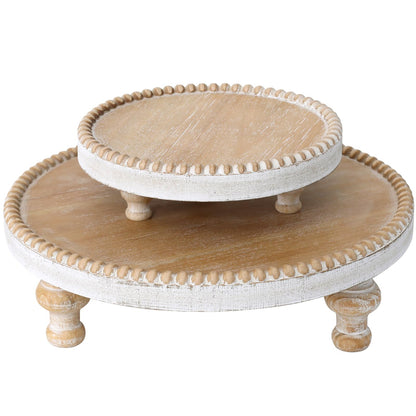 SwallowLiving Rustic Set of 2 Round Wood Tray Riser Farmhouse Pedestal Stand with Beaded Edge for Decor Wooden Finish Cupcake Display for Cakes and Decorative Items 11.8/7.5 inches