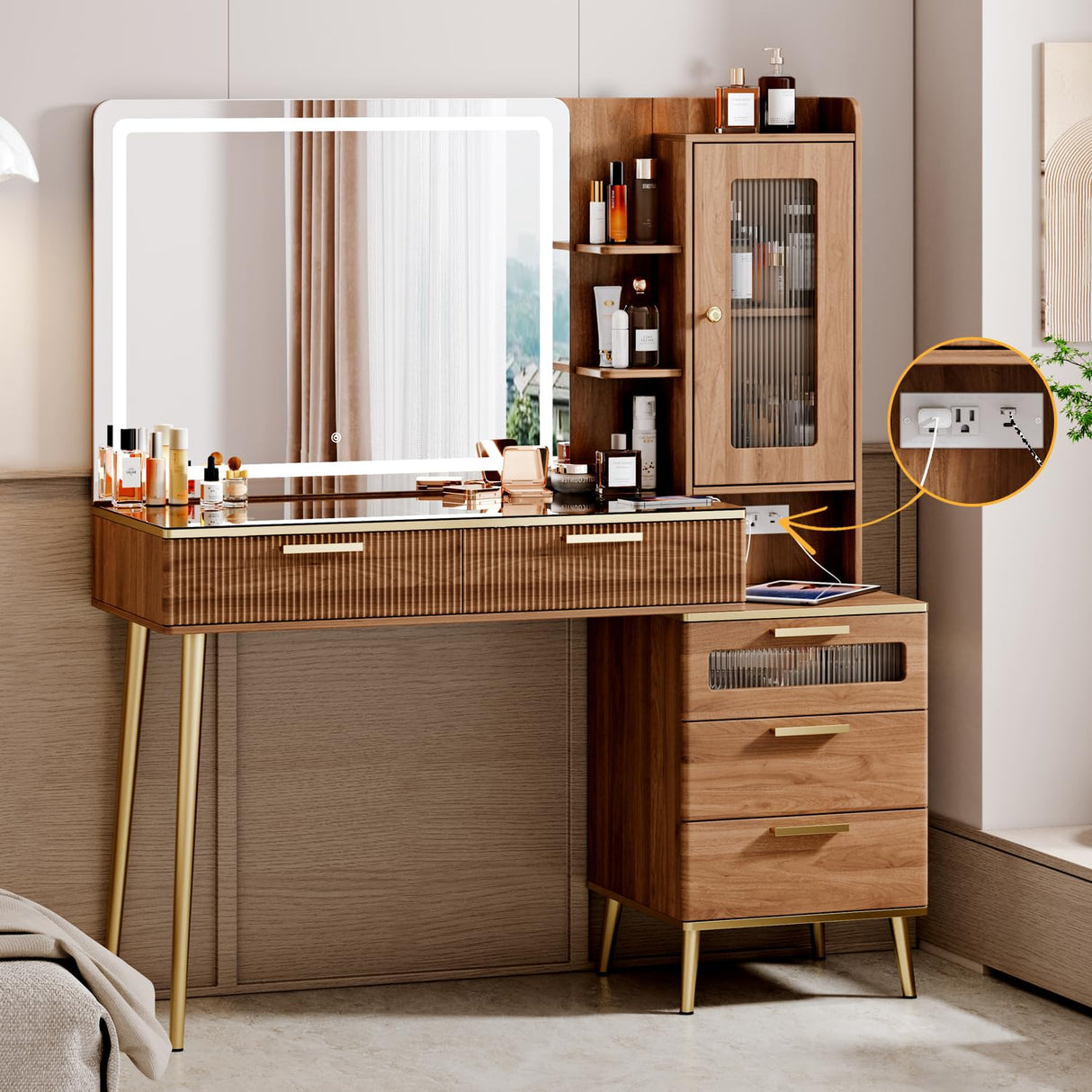 Vanity Desk with 29.53" HD Lighted Mirror, 47.24" Big Modern Vanity Desk with Mirror and Lights, Makeup Vanity with 5 Drawers and Storage Shelves and Charging Station,Brown Arulvmrn