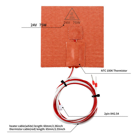 FYSETC 3D Printer Voron0.1 Silicone Heater Pad - 24V 75W Heating Mat 100x100mm - Heated Bed with NTC 100K Thermistor: Built-in Bimetal Thermostat Easy Install for Vorn 0 0.1 Hot Aluminum Build Plate FYSETC