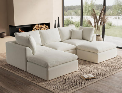 ohllob 110" Cloud Sectional Couches for Living Room, Boneless U Shaped Couch with Ottoman, 3 Seater Modular Sectional Sofa, Warm White