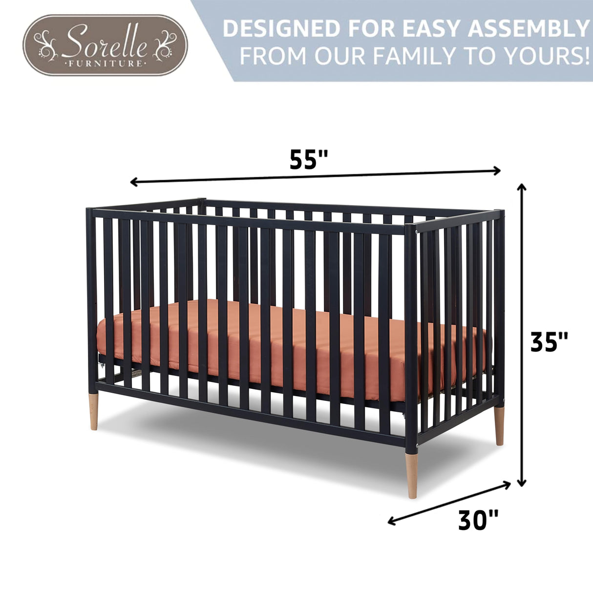 Sorelle Furniture Mia Crib Classic 3-in-1 Convertible Crib, Made of Sustainable Beech Wood, Wooden Baby Bed, Toddler and Child’s Daybed, with Removable Feet, Simplistic Nursery Furniture (Midnight) Sorelle Furniture