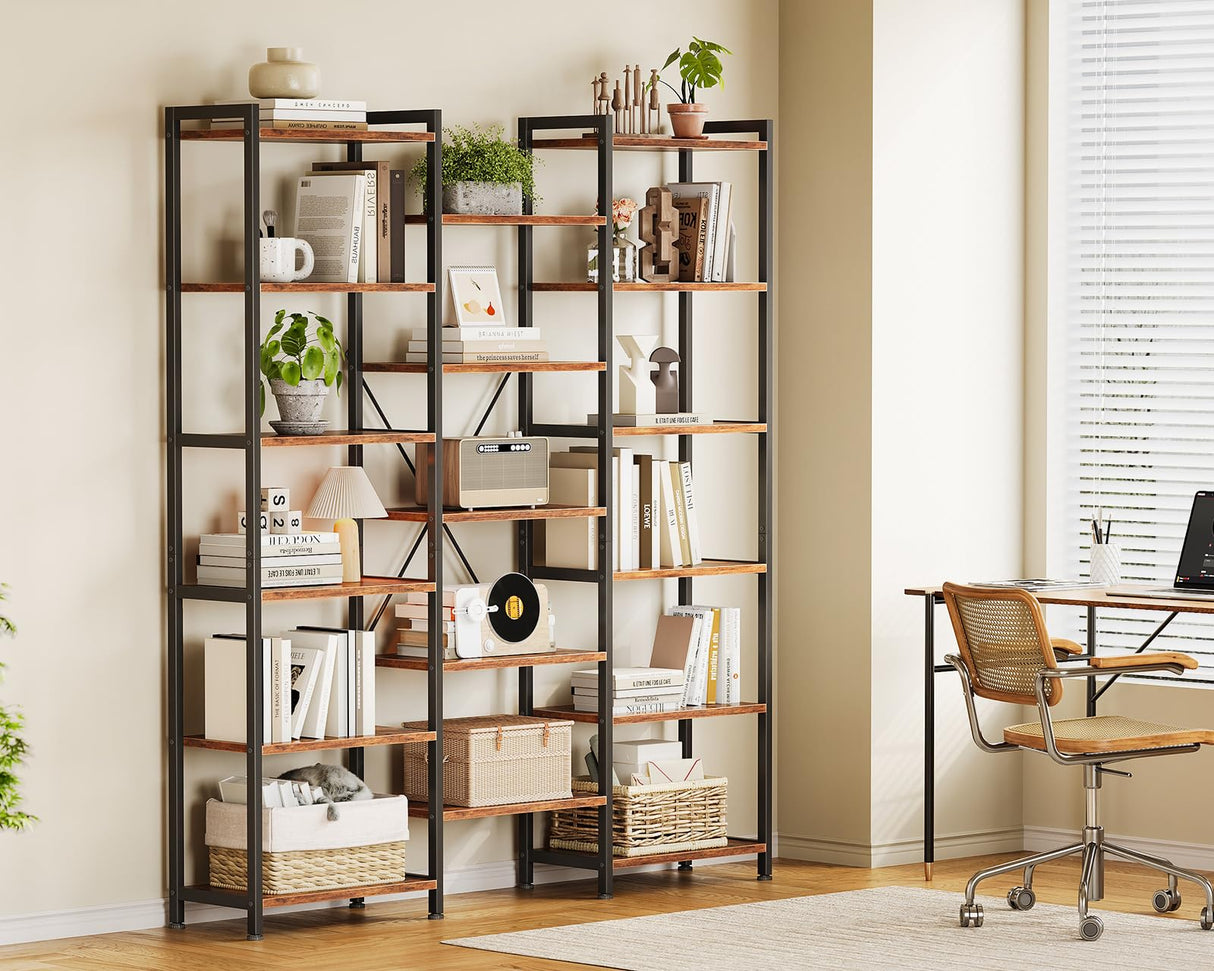 Casaottima Triple 6 Tier Bookshelf, Large Bookcase with 17 Open Display Shelves, Modern Industrial Book Shelves Book Case for Bedroom, Wide Standing Shelving Unit for Living Room Home Office, Vintage Casaottima