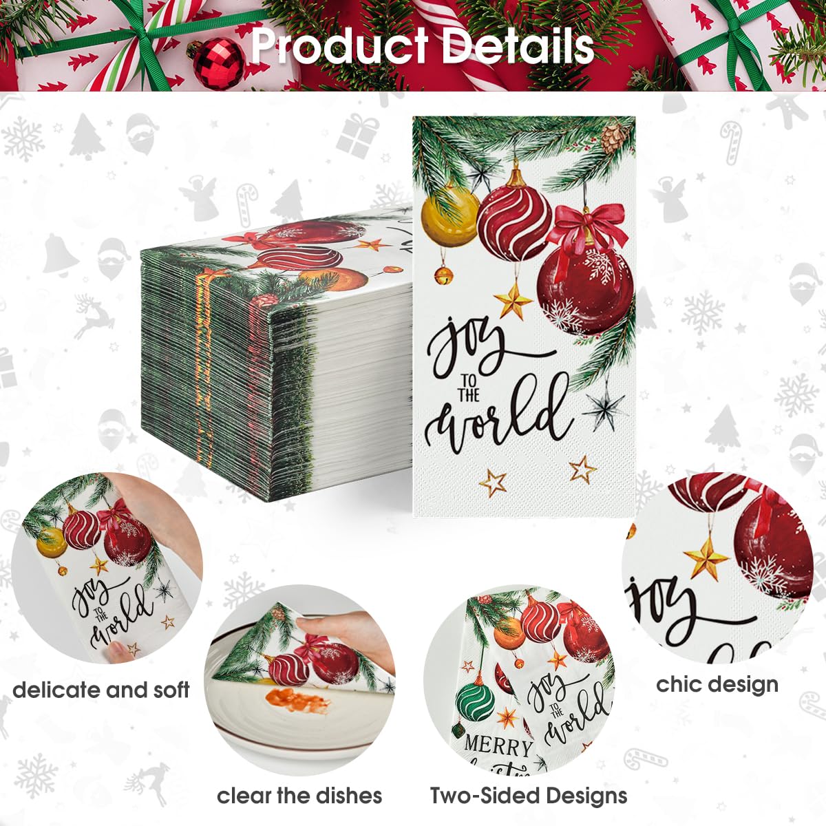 Horaldaily 100 Christmas Disposable Paper Decorative Guest Napkins, Xmas Balls for Party Lunch Dinner Kitchen Bathroom Horaldaily
