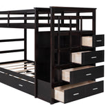 CITYLIGHT Twin Over Twin Bunk Beds with Stairs and Trundle, Bunk Beds with Storage Drawers, Wood Twin Bunk Beds with Trundle and High Length Guardrail for Kids Teens Adults, Espresso CITYLIGHT