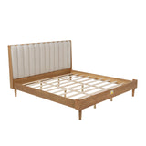 Mirightone Wood King Size Bed Frame,Tall Upholstered Tufted Headboard, Platform Bed King with Solid Rubber Wood Legs, Modern Style - No Box Spring Needed, Walnuts with Beige Mirightone