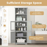 COSTWAY 64” Grey Freestanding Bathroom Storage Cabinet with Glass Doors and Adjustable Shelves COSTWAY