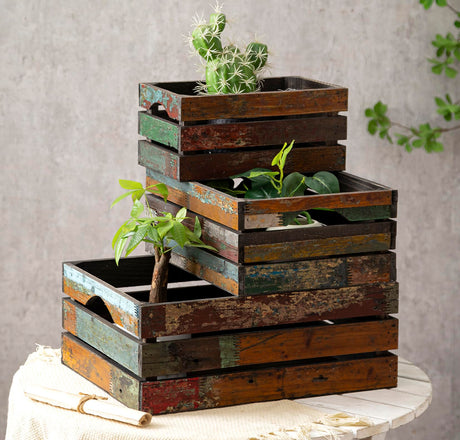 TIMRIS Set of 3 Rustic Distressed Wood Nesting Crates, Farmhouse Decorative Wooden Storage Boxes, Large Vintage Reclaimed Wood Baskets for Display (Random) TIMRIS