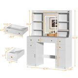 HUAHUU Vanity Desk with LED Lights & Sliding Mirror, Makeup Vanity with Lights, Power Outlet, White Vanity Desk with 5 Drawers & 2 Cabinets, 6 Storage Shelves for Bedroom HUAHUU