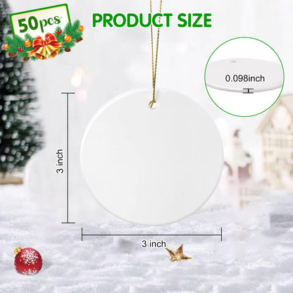 Adboros 50PCS Sublimation Ceramic Ornament Blanks, 3" Round Ceramic Ornaments Bulk Set DIY Pendants with Ribbon for Crafts Heat Transfer Print Christmas Halloween Ornaments Supplies Decor