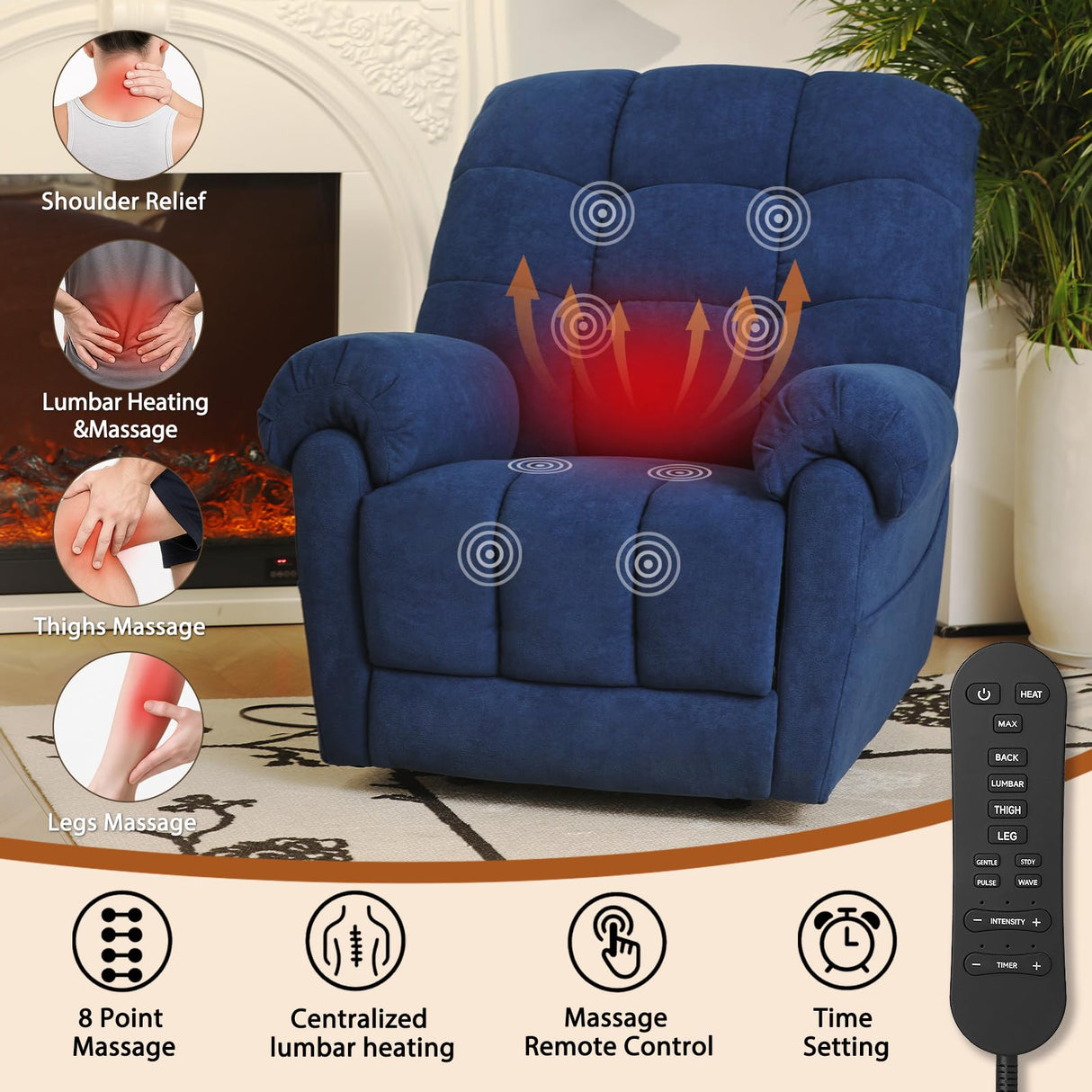 EONIX Power Rocker Recliner Chair, Lazy Boy Recliner Rocking Chair for Adults and Nursery, Electric Recliner Chair with Heat and Massage for Living Room, Bedroom, Study Room, Relaxation, Navy Blue EONIX