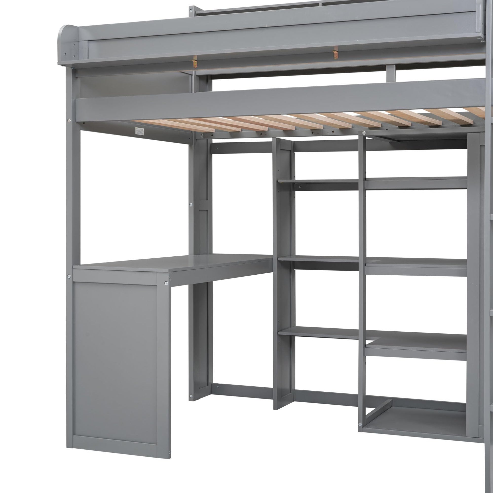 Space-Saving Twin Size Loft Bed with Desk, Wardrobe, and Storage Shelves in Gray - WoodArtSupply