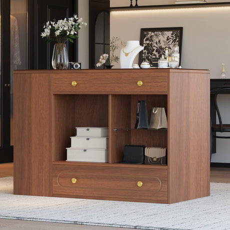 47.3" Closet Island with 6 Drawers Table, Wardrobe Armoire Island with Glass Display Top and Open Shelves, Jewelry Storage Vanity Island with compartments, Walk-in Closet Island for Cloakroom,Walnut JIJIWANG