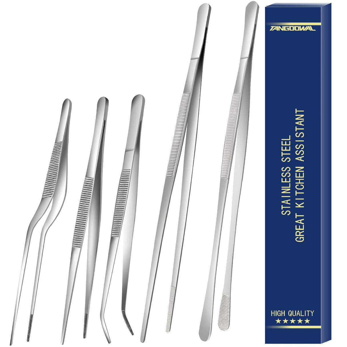5 Pcs Kitchen Fine Tweezers Tongs, Stainless Steel Food Tongs Set, Professional Kitchen Long Tongs for Cooking,Repairing,Sea food,BBQ,Multi-use(12"and 6.3") Tangoowal