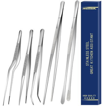 5 Pcs Kitchen Fine Tweezers Tongs, Stainless Steel Food Tongs Set, Professional Kitchen Long Tongs for Cooking,Repairing,Sea food,BBQ,Multi-use(12"and 6.3")