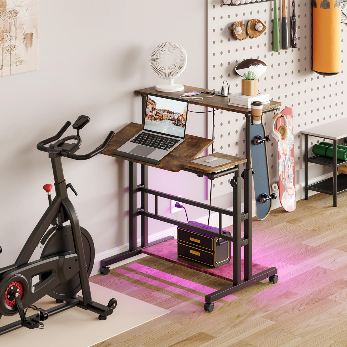 Dripex Mobile Standing Desk with Power Outlets & Strip Lights, Rolling Computer Table with Cup Holder, Hook, Storage Bag, Adjustable Height Desk, Small Standing Desk Drawing Desk Dripex