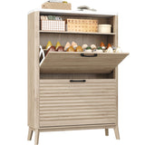 HOMEFORT Shoe Storage Cabinet for Entryway, 31.5" Fluted Shoe Cabinet with 2 Flip Drawers, Mid-Century Modern Hidden Shoe Rack Organizer, Slim Shoe Cabinet for Front Door Entrance, Natural Oak HOMEFORT