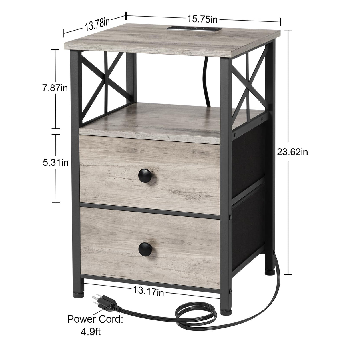 AMHANCIBLE Night Stand Set 2, Nightstand with Charging Station, End Tables Living Room with USB Ports and Outlets, Bedside Tables with Fabric Drawers for Bedroom, Greige HET05XGY AMHANCIBLE