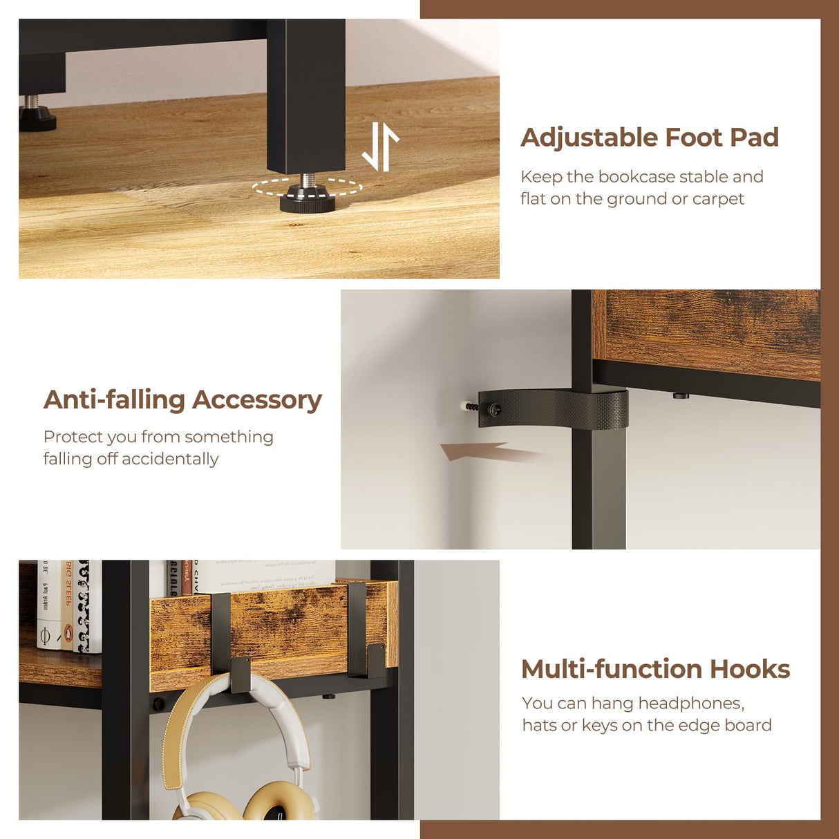 Rolanstar Bookshelf 5 Tiers with 4 Hooks, Triple Bookcase with Open Display Shelves, Industrial Wide Bookshelf with Metal Frame for Living Room, Office, Rustic Brown Rolanstar