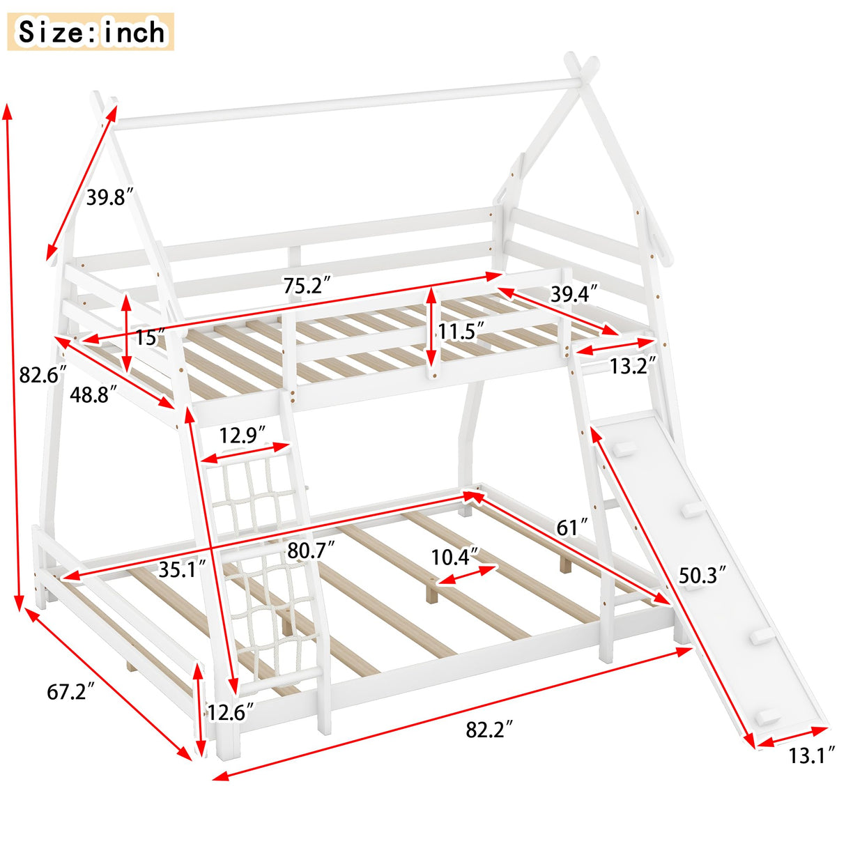 Merax Twin Over Queen House Bunk Bed Frame Solid Wood with Climbing Nets and Climbing Ramp for Boys Girls,Playroom,White Merax