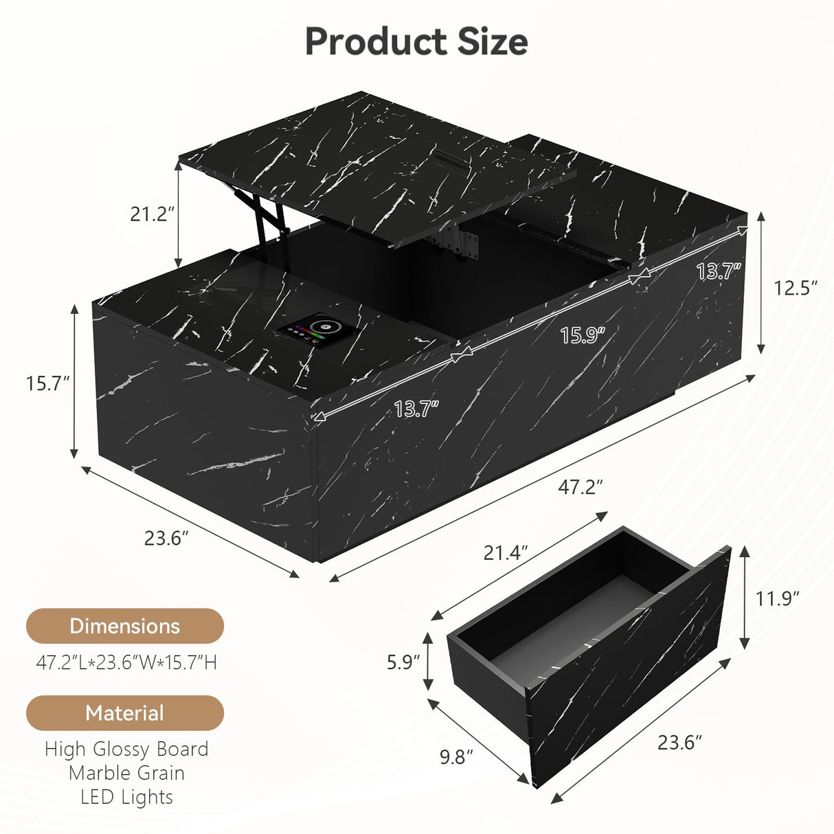 Lift Top Coffee Table, High Glossy Coffee Table with Wireless Charging and Speaker, Modern Coffee Table with 24 Colors LED Lights,Center Table with Drawer and Hidden Compartment for Living Room Black PPorfamilia