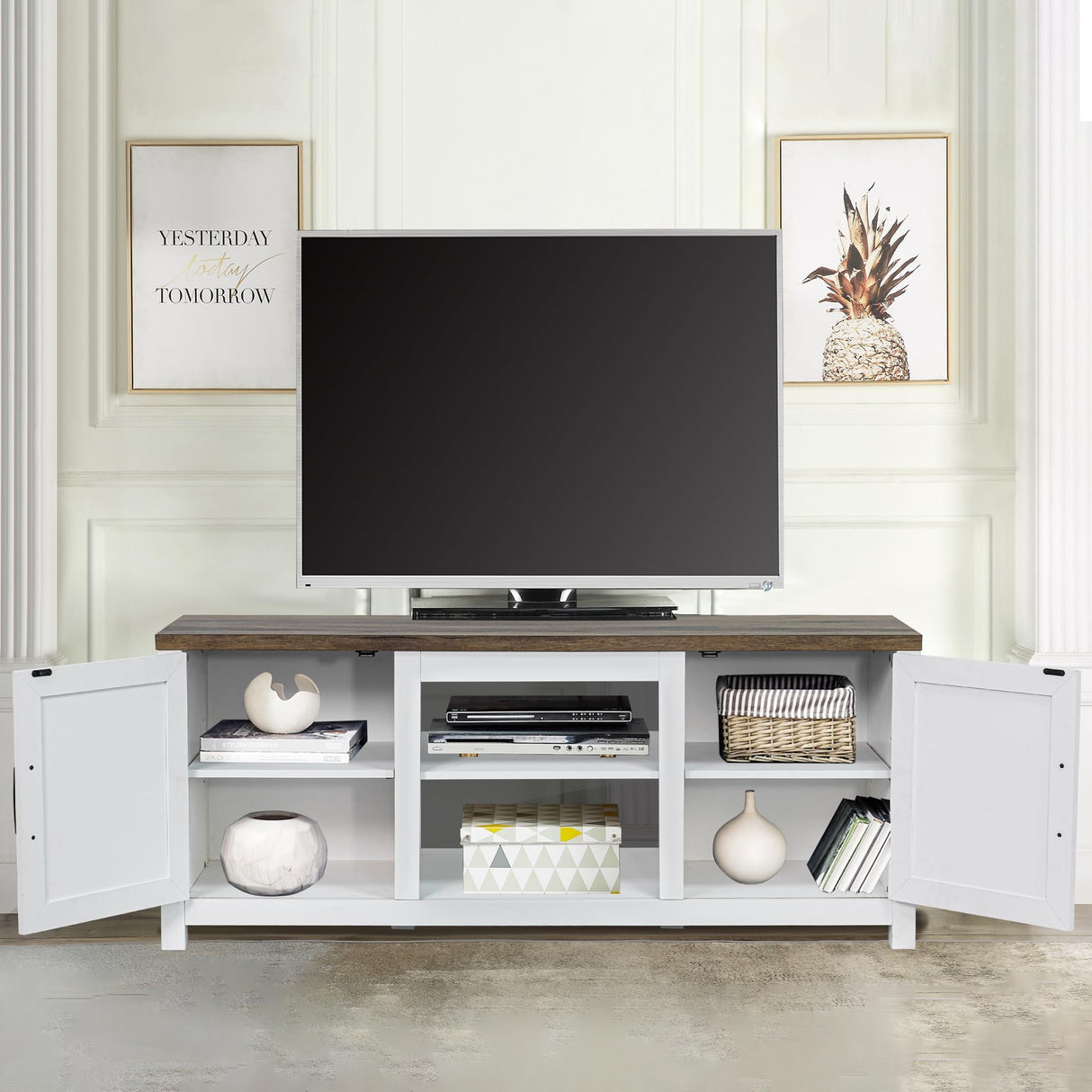 COMEFFIE Modern 58" TV Stand, Media Entertainment Center for TV up to 65 Inch, Console Table with Storage Cabinets for Living Room (White Without Fireplace) COMEFFIE