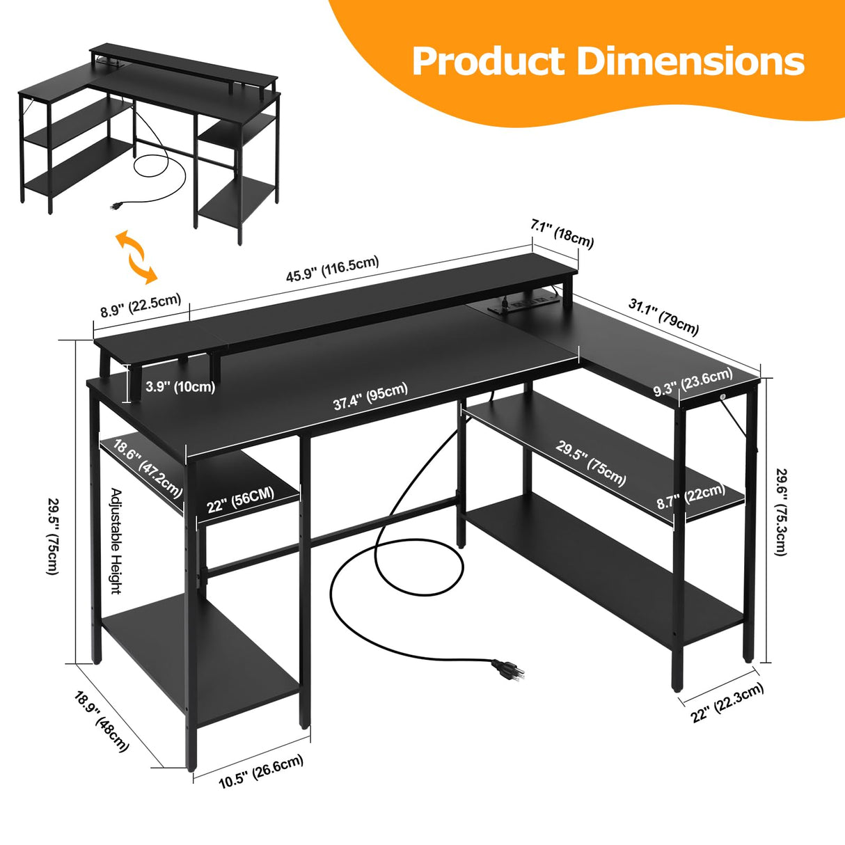 Panana L Shaped Gaming Desk with LED Lights & Power Outlets, Reversible Computer Desk with Stand & Shelves, Corner Desk Home Office Desk with USB Charging Port (Black) Panana