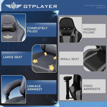 GTPLAYER Gaming Chair Fabric with Pocket Spring Cushion, Big and Tall Gaming Chair 350LBS High Back Computer Chair with Footrest for Adults Lumbar Support Swivel Game Chair for Office Gaming Gray