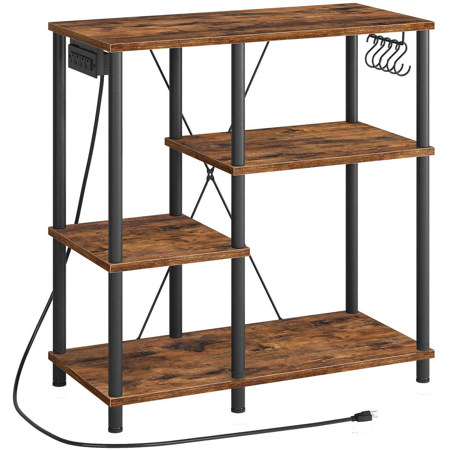 HOOBRO Bakers Rack with Power Outlet, Microwave Stand with 5 S-Shaped Hooks, Coffee Bar, Kitchen Storage Shelf, for Kitchen, Living Room, Rustic Brown and Black BF07UHB01