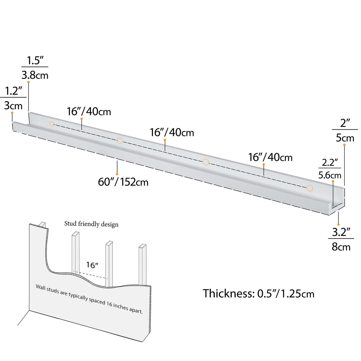 Wallniture Denver White 60 Inch Floating Shelves for Wall, Narrow Picture Ledge Shelf Set of 2,Wood Long Wall Shelves Wallniture