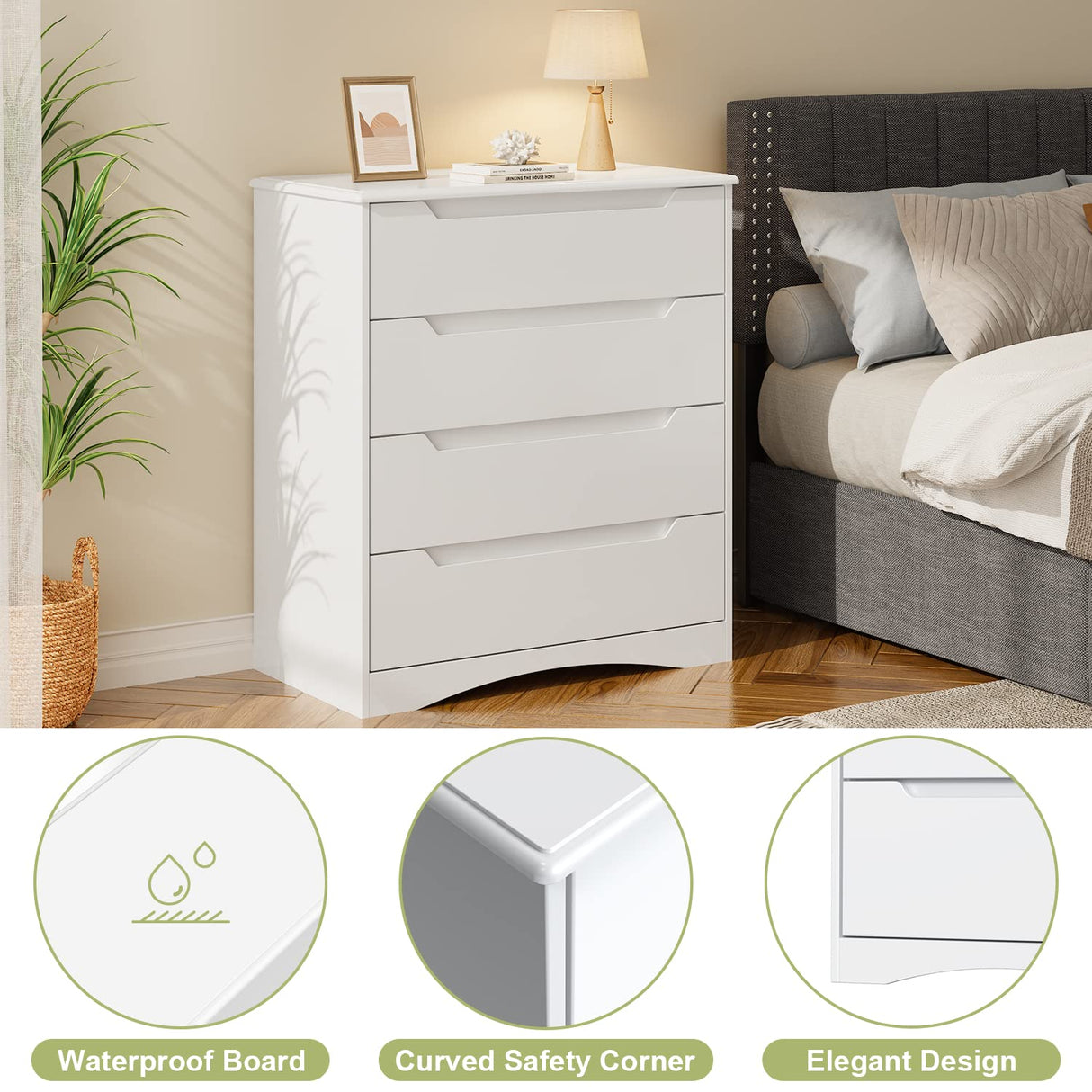 Gizoon 4 Drawer Dresser for Bedroom, Sturdy White Chest of Drawers with Anti-Tip Device, Modern Large Capacity Storage Furniture for Closet, Embedded Handles, Space-Saving Design, Wooden Finish, White Gizoon