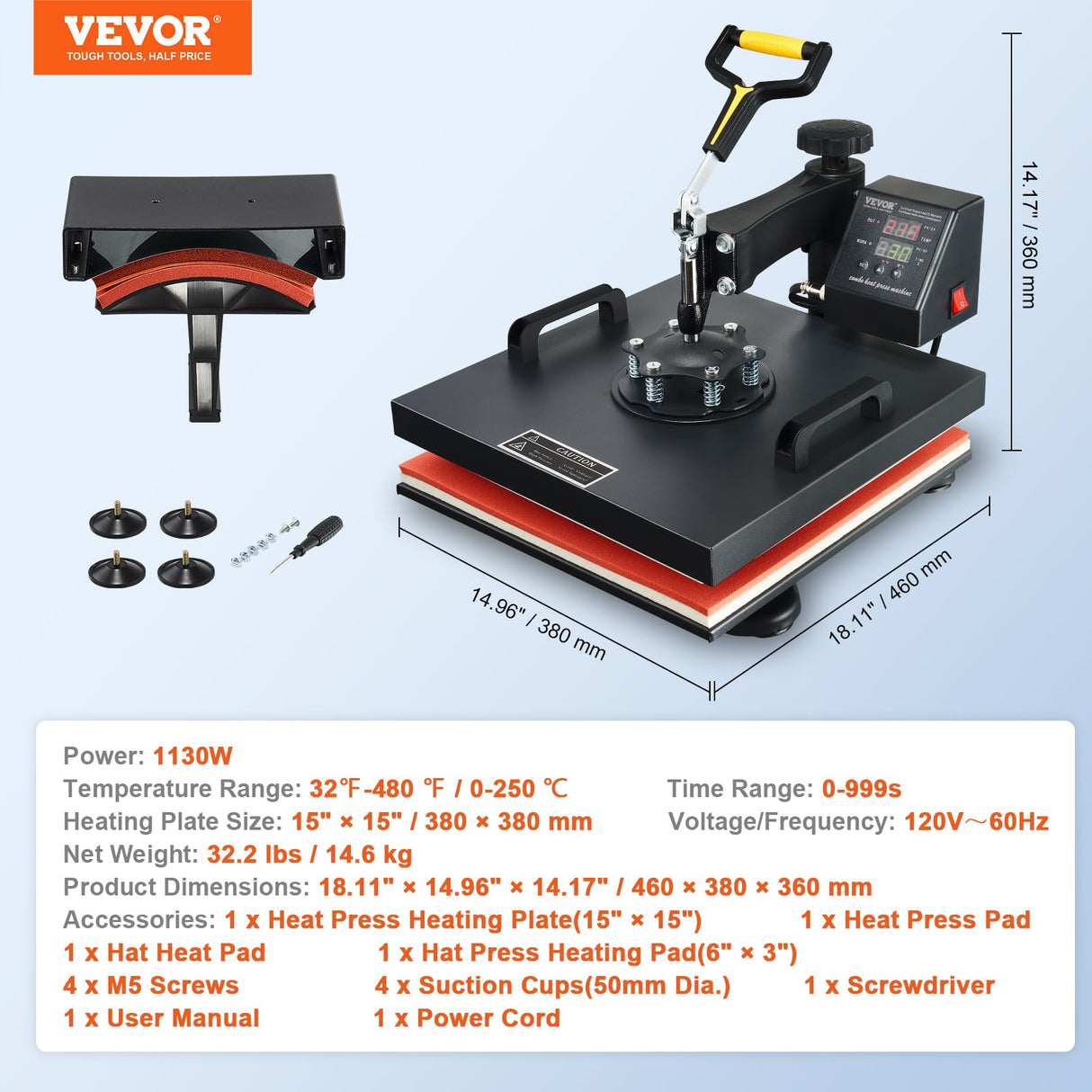 VEVOR 2 in 1 Heat Press 15x15 Inch 360° Swing Away Digital Tshirt Press Machine with 6x3 Inch Hat Press, Multifunction Combo for T Shirt Hat Cap Pillow Bag, 2in1-Black VEVOR