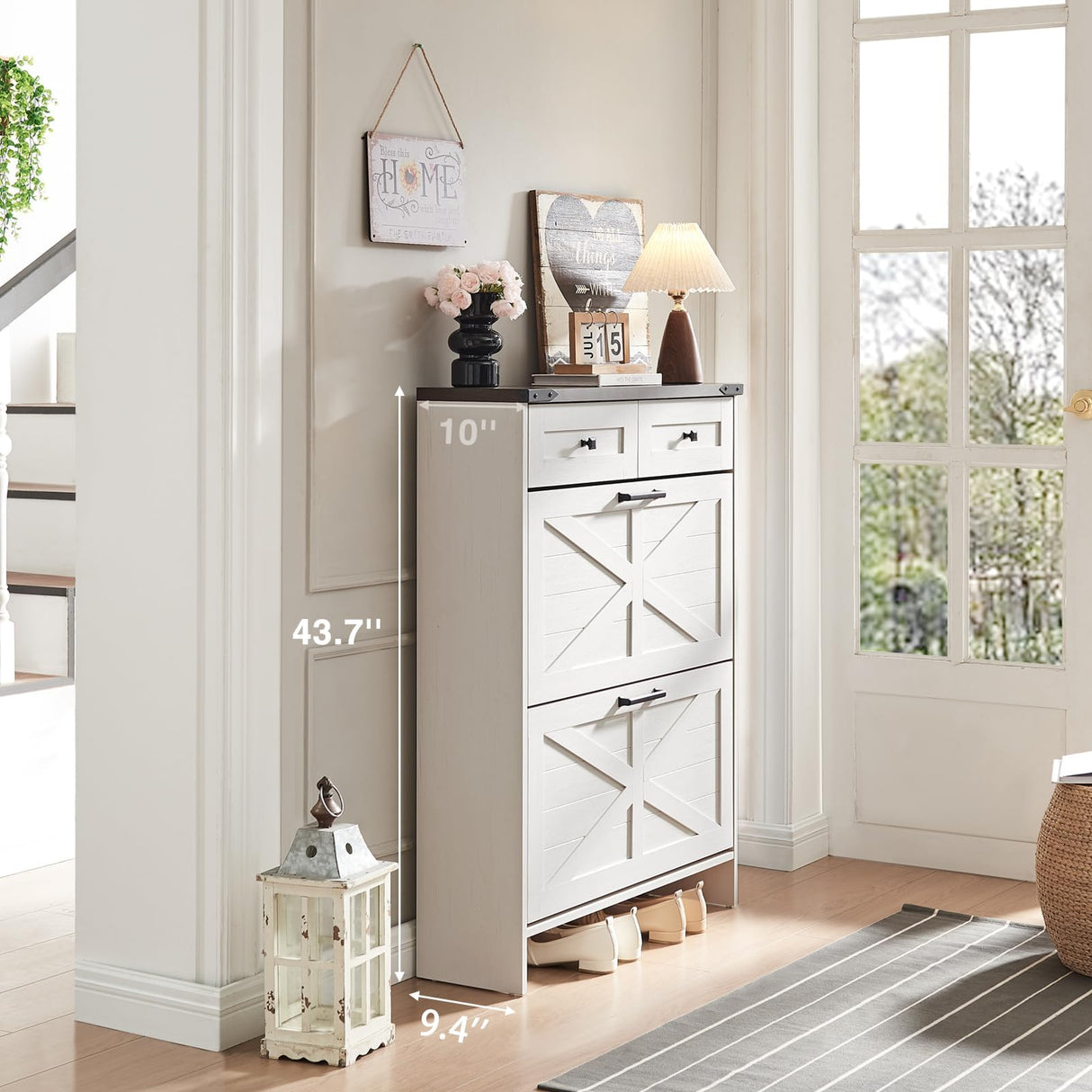 Barnyatoh Shoe Cabinet Storage for Entryway, Farmhouse Hidden Shoe Organizer with 2 Flip Drawers & 2 Drawers,Narrow Shoe Rack for Front Door Entrance with Adjustable Shelves (Antique White) Barnyatoh