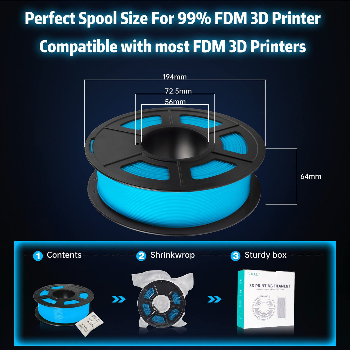 SUNLU Glow in The Dark PLA Filament, Neatly Wound Luminous PLA 3D Printer Filament 1.75mm Dimensional Accuracy +/- 0.02mm, Fit Most FDM 3D Printers, 1kg Spool (2.2lbs), (Blue PLA, Glow Blue) SUNLU
