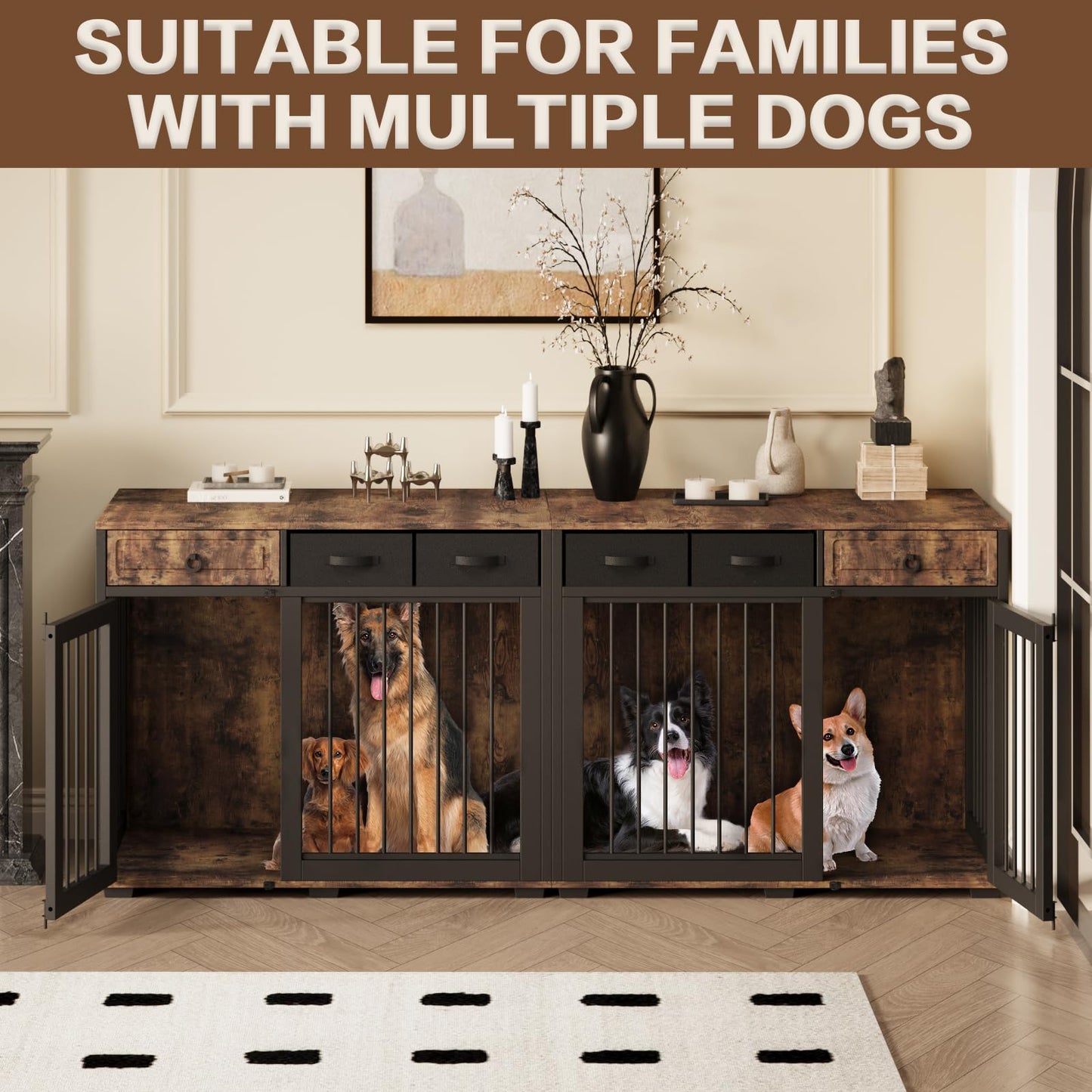 85.4" Dog Crate Furniture for 2 Dogs,Wooden Furniture Style Double Dog Kennel Crates Cages Large Breeds TV Stand Table with Storage and Divider Indoor,6 Combinations,Rustic Brown