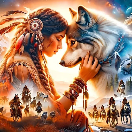 CHWGLFGG 5D Diamond Art Kits for Adults Beginners, Indian Woman and Wolf Diamond Painting Kits, DIY Full Round Drill Paint by Diamonds Dot Gem Art for Adults, Home Wall Decor 13.7X 13.7 Inch CHWGLFGG