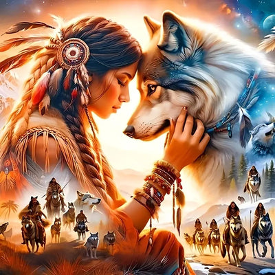 CHWGLFGG 5D Diamond Art Kits for Adults Beginners, Indian Woman and Wolf Diamond Painting Kits, DIY Full Round Drill Paint by Diamonds Dot Gem Art for Adults, Home Wall Decor 13.7X 13.7 Inch