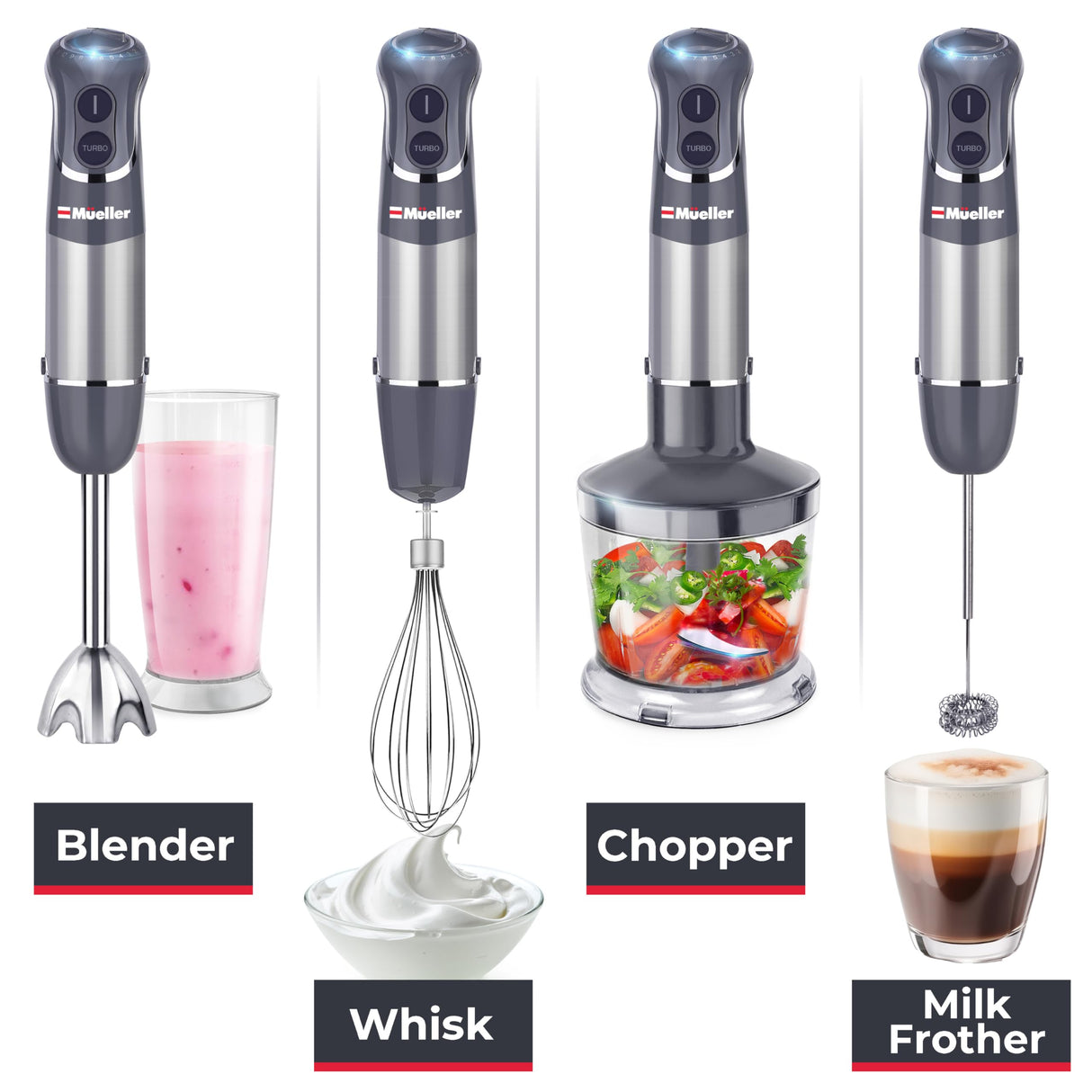 Mueller Multistick 800W 4-in-1 Immersion Blender Handheld, 12 Speed Hand Mixer - Turbo Boost, Heaviest Duty Copper Motor, Titanium Blades Hand Blender, Milk Frother Wand, Whisk, Beaker, Chopper, Grey Mueller