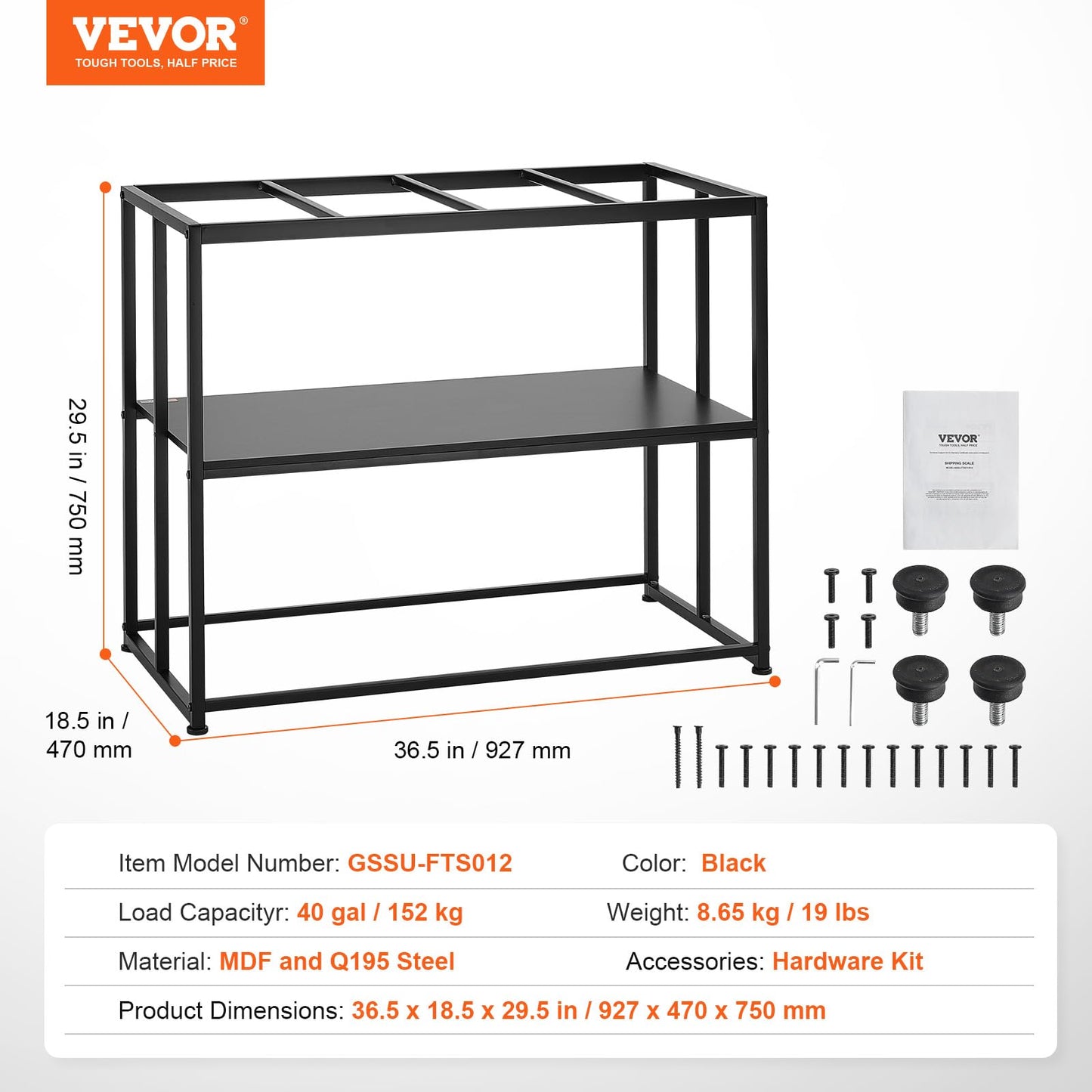 VEVOR Aquarium Stand, 40 Gallon Fish Tank Stand, 36.5 x 18.5 x 29.5 in Steel Turtle Tank Stand, 335 lbs Load Capacity, Reptile Tank Stand with Storage, Hardware Kit, and Non-Slip Feet, Black