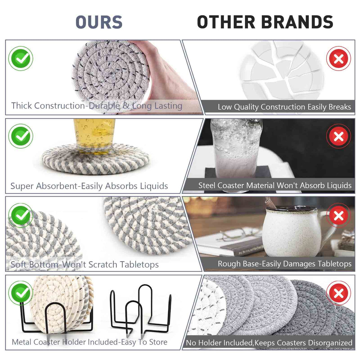 MeltsetM Coasters for Drinks Absorbent Woven Coaster Set with Holder Farmhouse Cute Cloth Fabric Cup Coasters for Coffee Table Office Desk, Handmade Boho Decor Tabletop Protection, 8 Pack Meltset M