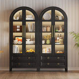 EOAWE Arched Curio Cabinet with Glass Doors, 4-Tier Display Cabinet with 2 Drawers, Tall Bookcase with 3 Color Lights, Display Case, Kitchen Pantry (Black) EOAWE