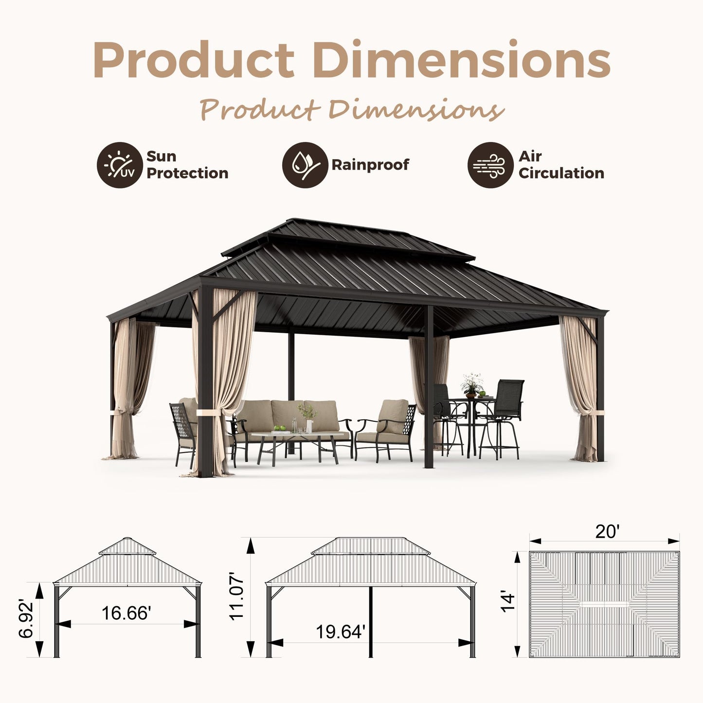 MIXPATIO 14' x 20' Hardtop Gazebo, Galvanized Steel Metal Double Roof Gazebo,Permanent Outdoor Metal Pavilion with Curtain and Netting for Deck, Backyard, Patio, Lawns - WoodArtSupply