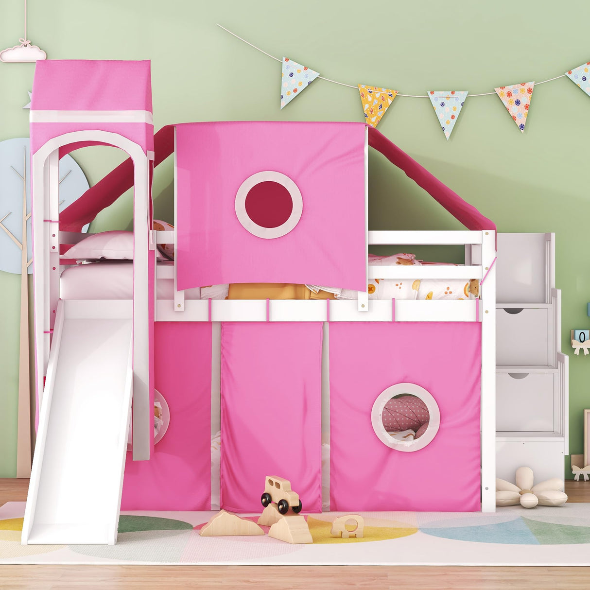 Merax Low Loft Bed Full Size with Slide and Storage Stairs, Wood Loft Bed with Tent & Tower, for Boys & Girls, Pink Merax
