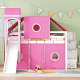 Merax Low Loft Bed Full Size with Slide and Storage Stairs, Wood Loft Bed with Tent & Tower, for Boys & Girls, Pink Merax