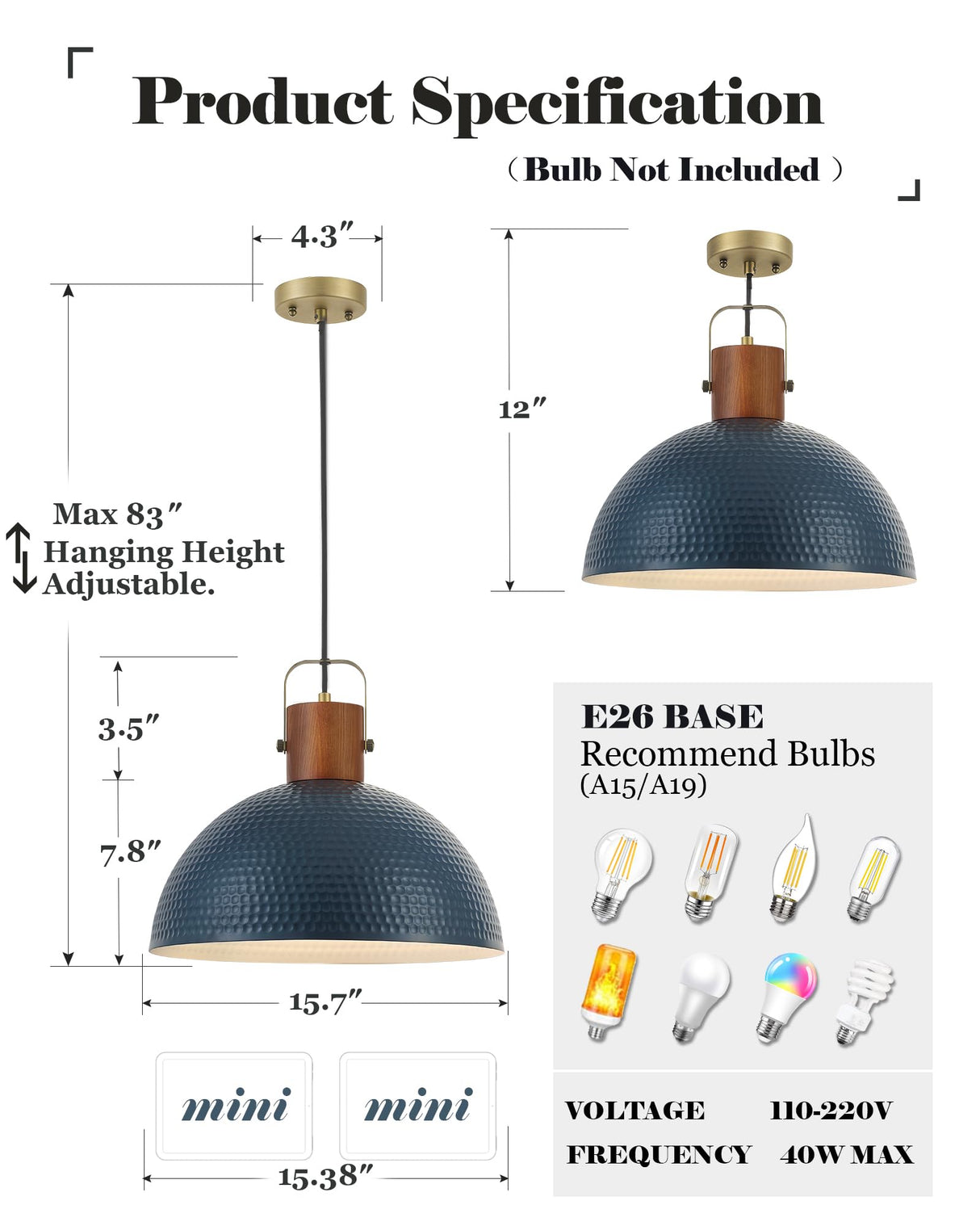 ELYONA 16” Large Ash Wood Pendant Light with Hammered Blue Metal & Brushed Brass Handle Large Pendant Light Fixtures Modern Dome Hanging Lamp for Kitchen Island, Dining Table, Bedroom, Hallway ELYONA