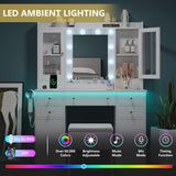 Makeup Vanity Desk with Mirror and Lights, White Vanity Table Set with Storage Drawers, Charging Station, Cabinets & Chair, Large Dressing Table with RGB Ambient Light for Women Girls Bedroom Bathroom Xixini