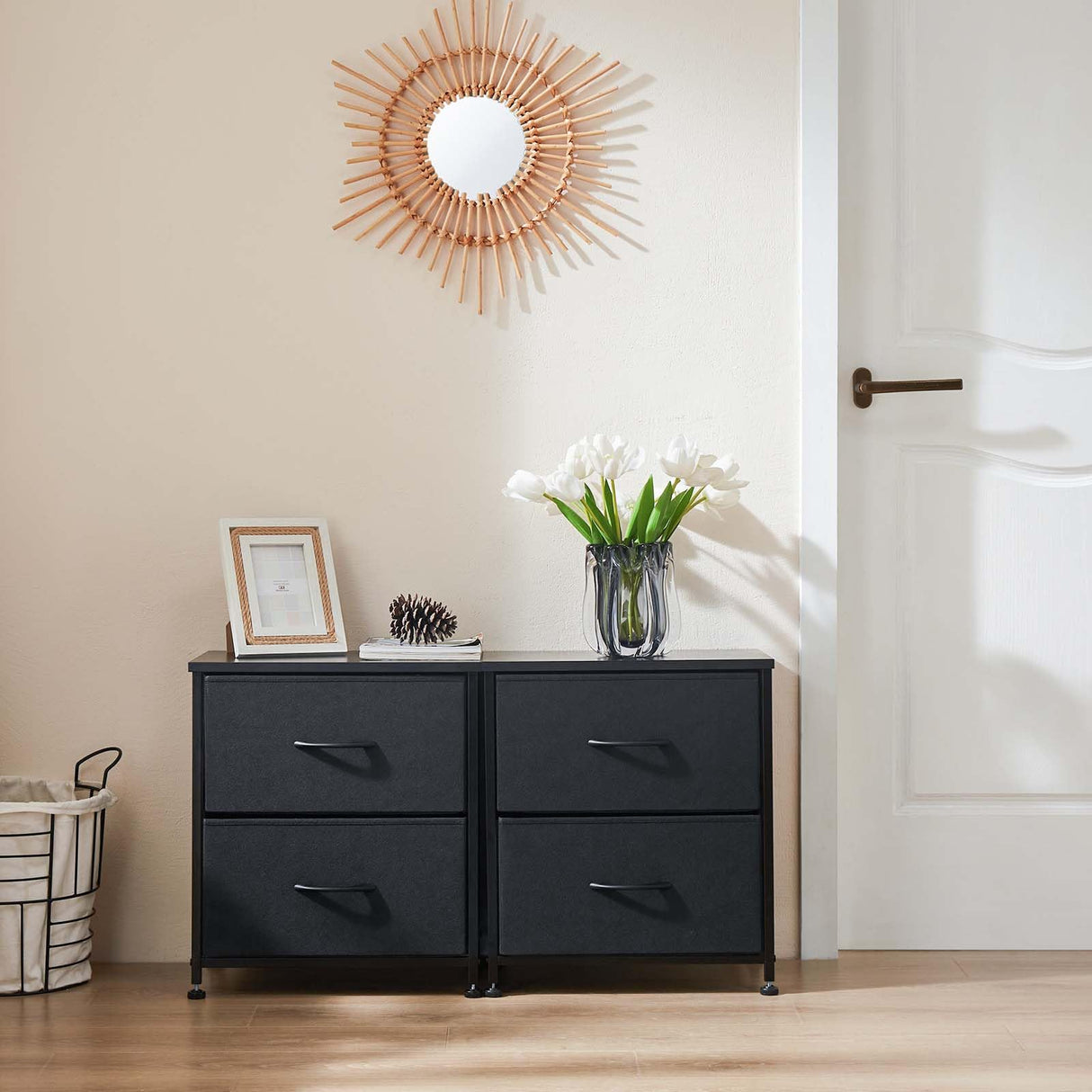 Night Stand Set of 2, Wide NightStands with 2 Drawers, Mid Century Small Nightstand with Adjustable Feets, Portable Bedside Table Set for Living Room, Entryway, Bed Room, Black (2PCS) WoodArtSupply