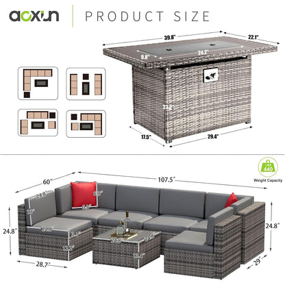 Aoxun 8-Piece Patio Furniture Set with 40” Fire Pit Table Wicker Rattan Conversation Set Outdoor Sectional Sofa with Removable Cushions and Coffee Table (Gray)