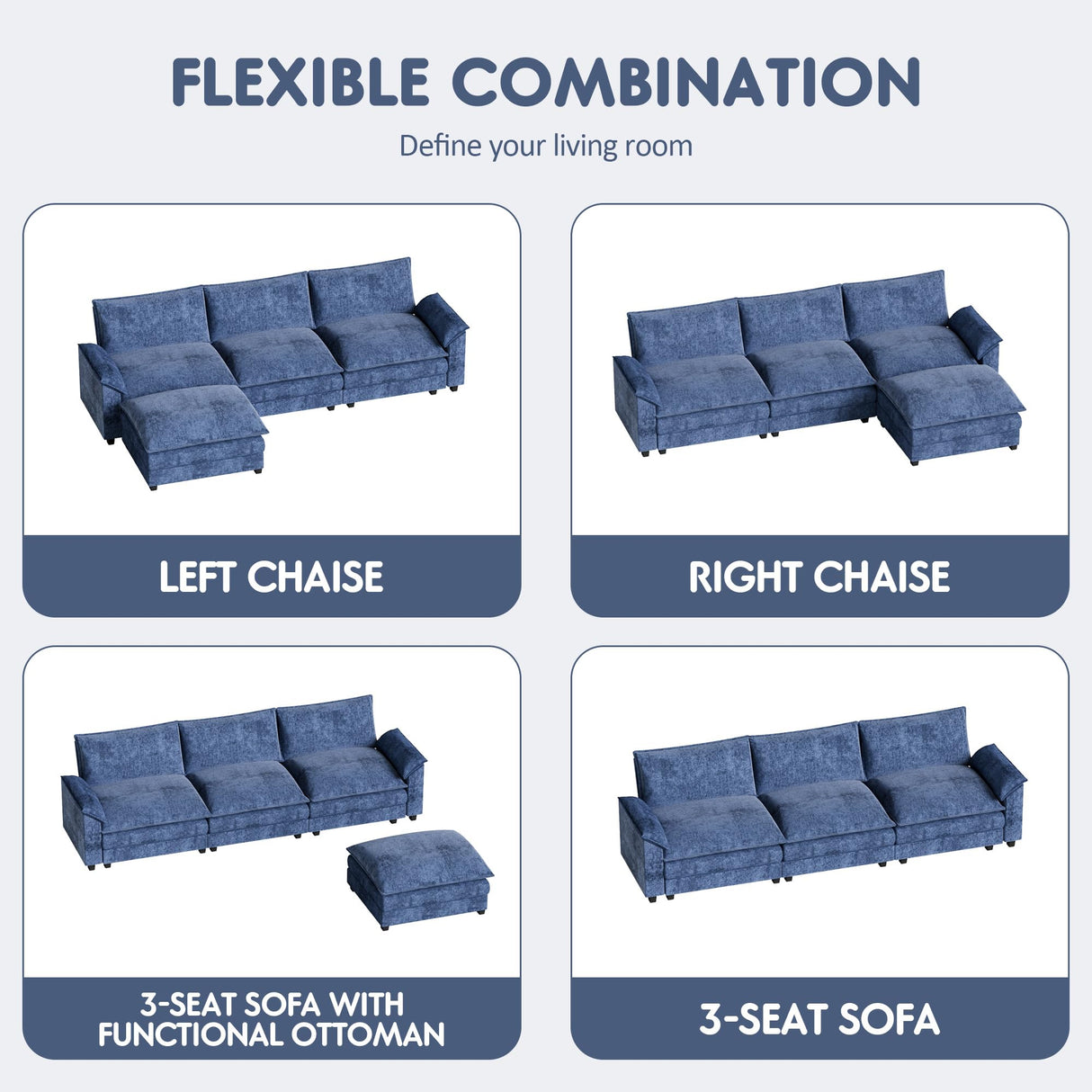 Homall 119" Modular Sectional Sofa, L Shaped Sofa Couch with Reversible Ottoman, DIY Combination Chenille Deep 3-Seat Cloud Couch for Living Room, Apartment (Dark Blue, L Shaped Sofa) Homall